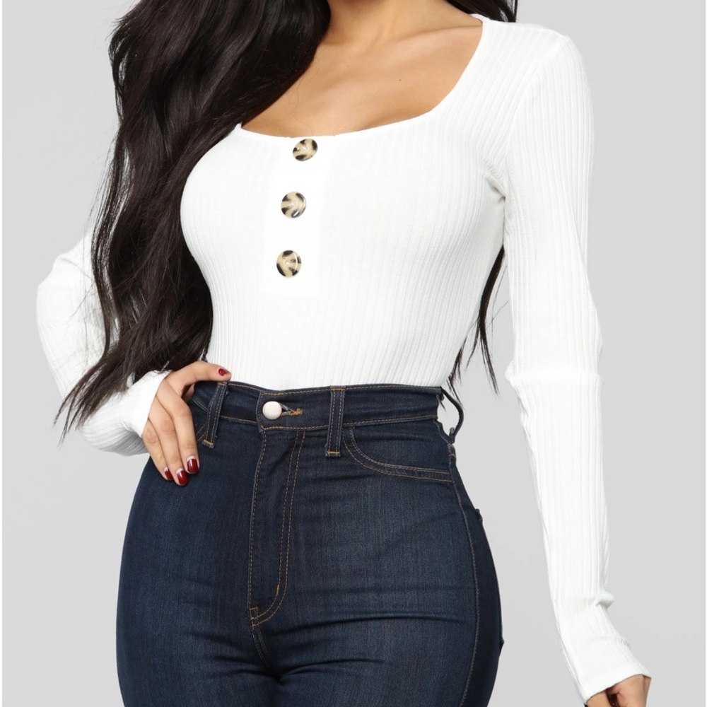 Janet Ribbed Button Bodysuit - Ivory - Picture 2 of 3